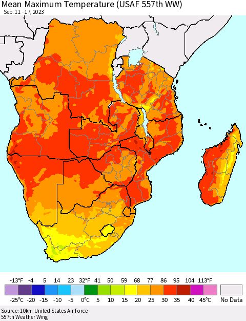 Southern Africa Mean Maximum Temperature (USAF 557th WW) Thematic Map For 9/11/2023 - 9/17/2023