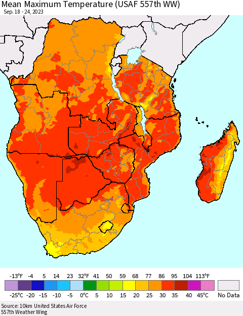 Southern Africa Mean Maximum Temperature (USAF 557th WW) Thematic Map For 9/18/2023 - 9/24/2023