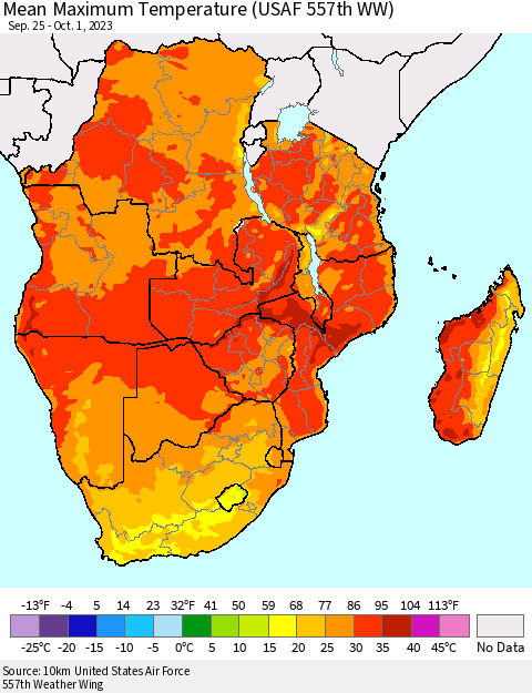 Southern Africa Mean Maximum Temperature (USAF 557th WW) Thematic Map For 9/25/2023 - 10/1/2023