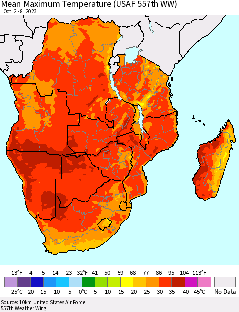 Southern Africa Mean Maximum Temperature (USAF 557th WW) Thematic Map For 10/2/2023 - 10/8/2023