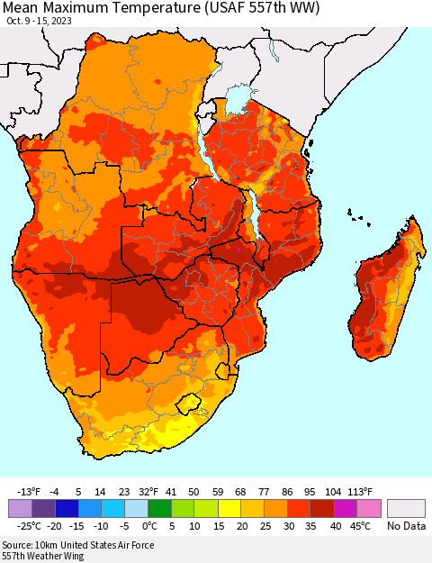 Southern Africa Mean Maximum Temperature (USAF 557th WW) Thematic Map For 10/9/2023 - 10/15/2023