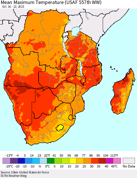 Southern Africa Mean Maximum Temperature (USAF 557th WW) Thematic Map For 10/16/2023 - 10/22/2023