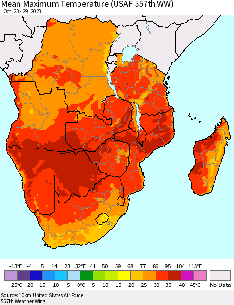 Southern Africa Mean Maximum Temperature (USAF 557th WW) Thematic Map For 10/23/2023 - 10/29/2023