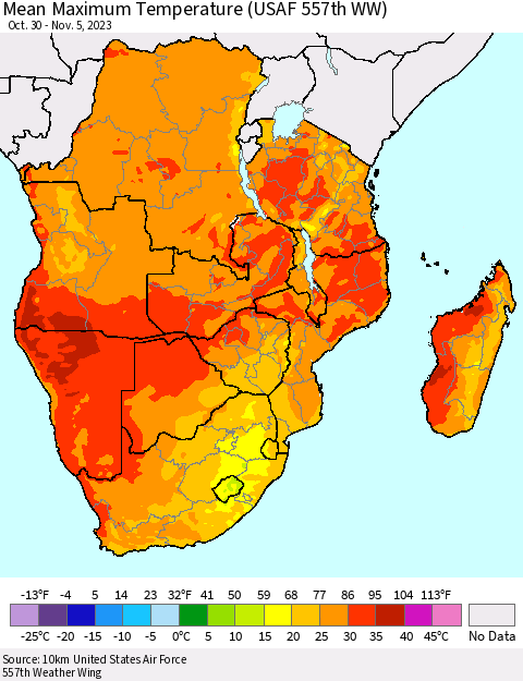 Southern Africa Mean Maximum Temperature (USAF 557th WW) Thematic Map For 10/30/2023 - 11/5/2023