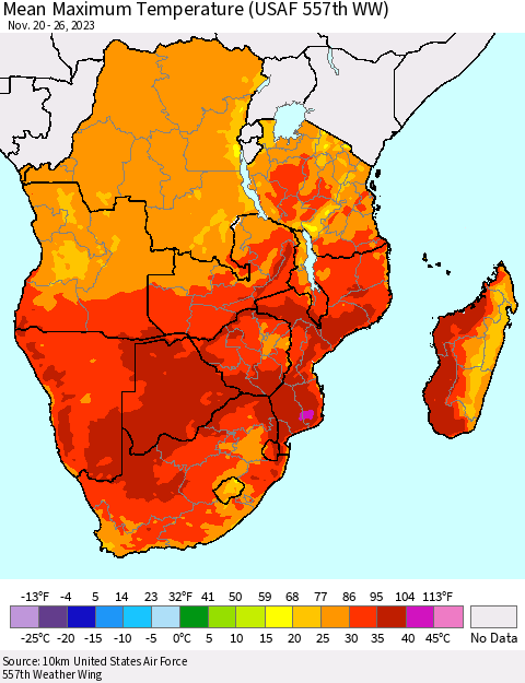 Southern Africa Mean Maximum Temperature (USAF 557th WW) Thematic Map For 11/20/2023 - 11/26/2023