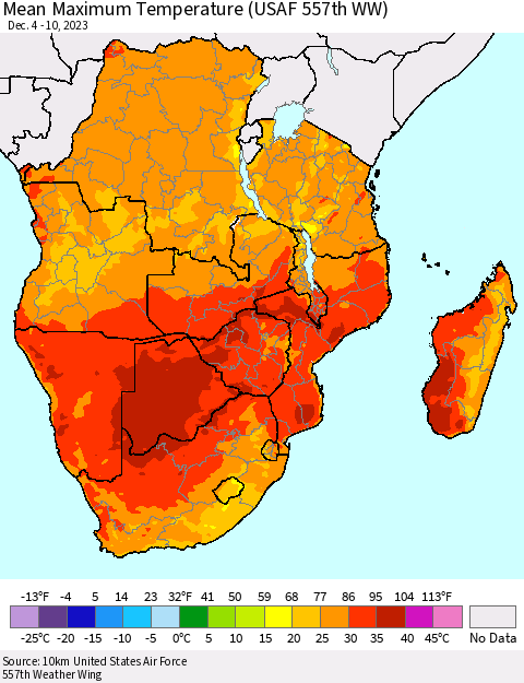 Southern Africa Mean Maximum Temperature (USAF 557th WW) Thematic Map For 12/4/2023 - 12/10/2023