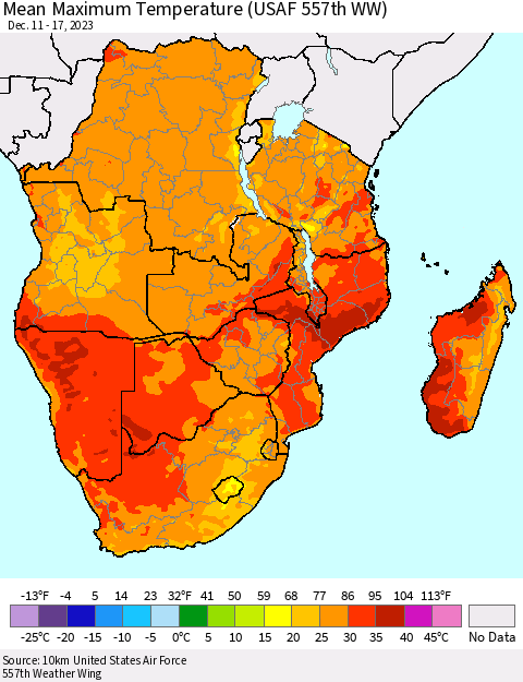 Southern Africa Mean Maximum Temperature (USAF 557th WW) Thematic Map For 12/11/2023 - 12/17/2023