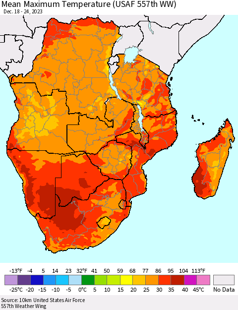 Southern Africa Mean Maximum Temperature (USAF 557th WW) Thematic Map For 12/18/2023 - 12/24/2023