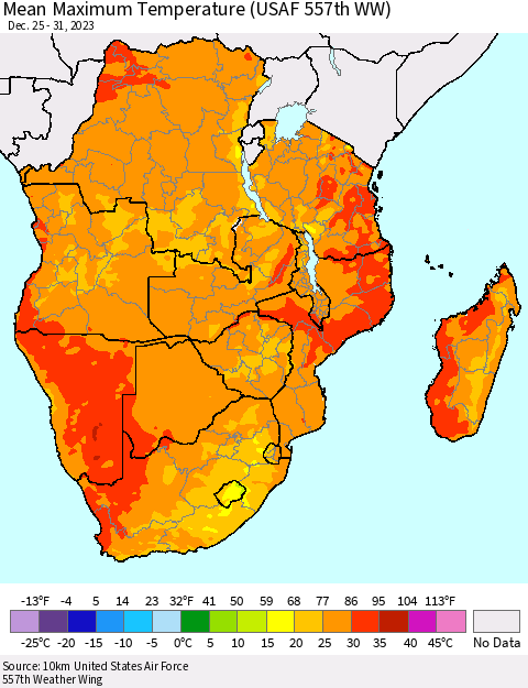 Southern Africa Mean Maximum Temperature (USAF 557th WW) Thematic Map For 12/25/2023 - 12/31/2023