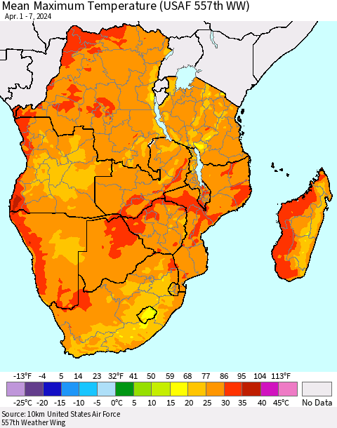 Southern Africa Mean Maximum Temperature (USAF 557th WW) Thematic Map For 4/1/2024 - 4/7/2024