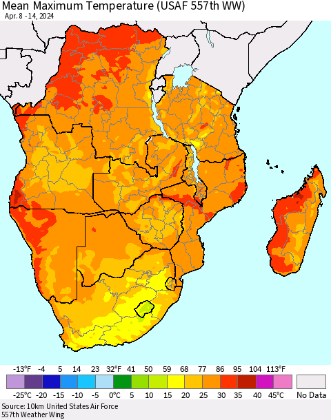 Southern Africa Mean Maximum Temperature (USAF 557th WW) Thematic Map For 4/8/2024 - 4/14/2024