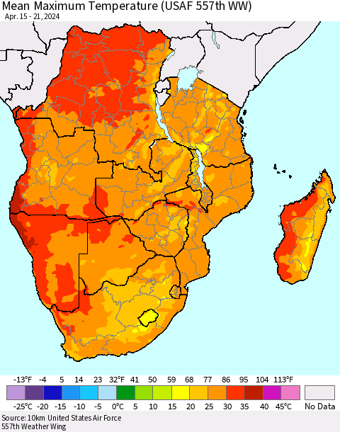 Southern Africa Mean Maximum Temperature (USAF 557th WW) Thematic Map For 4/15/2024 - 4/21/2024