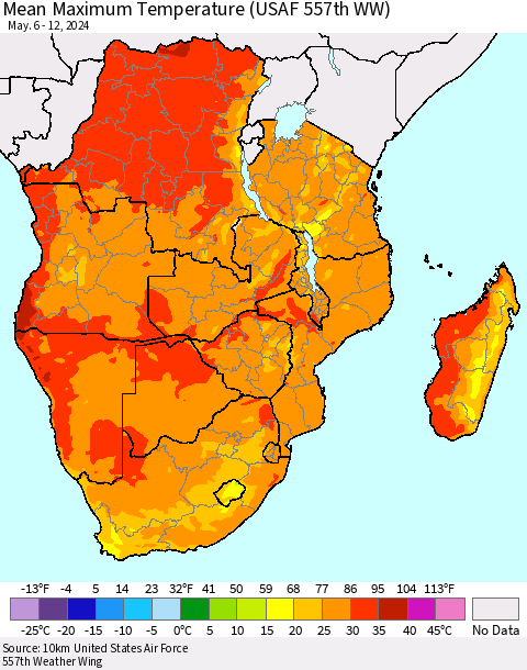 Southern Africa Mean Maximum Temperature (USAF 557th WW) Thematic Map For 5/6/2024 - 5/12/2024