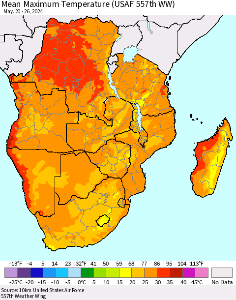 Southern Africa Mean Maximum Temperature (USAF 557th WW) Thematic Map For 5/20/2024 - 5/26/2024