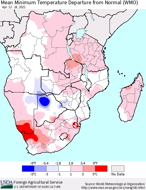 Southern Africa Mean Minimum Temperature Departure from Normal (WMO) Thematic Map For 4/12/2021 - 4/18/2021