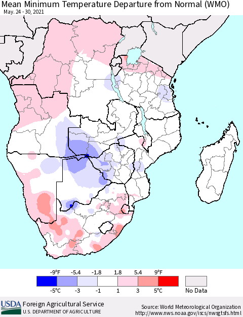 Southern Africa Mean Minimum Temperature Departure from Normal (WMO) Thematic Map For 5/24/2021 - 5/30/2021