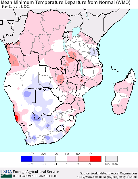 Southern Africa Mean Minimum Temperature Departure from Normal (WMO) Thematic Map For 5/31/2021 - 6/6/2021