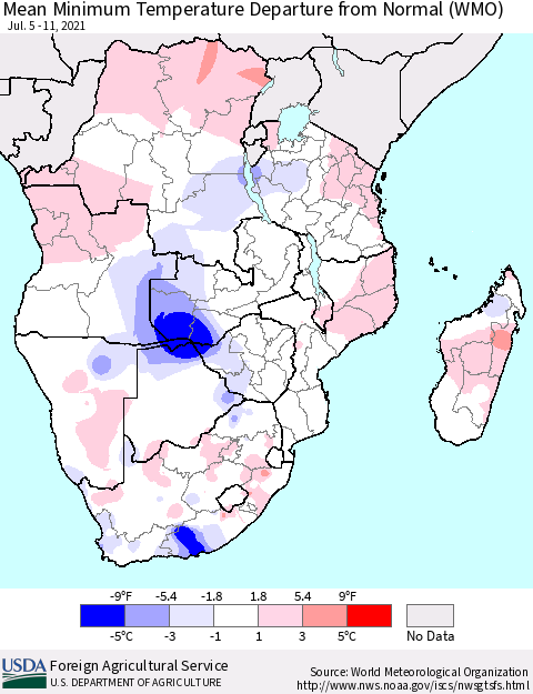 Southern Africa Mean Minimum Temperature Departure from Normal (WMO) Thematic Map For 7/5/2021 - 7/11/2021