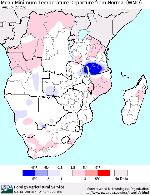 Southern Africa Mean Minimum Temperature Departure from Normal (WMO) Thematic Map For 8/16/2021 - 8/22/2021