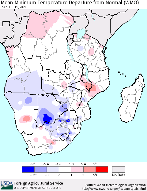 Southern Africa Mean Minimum Temperature Departure from Normal (WMO) Thematic Map For 9/13/2021 - 9/19/2021
