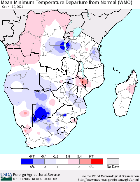 Southern Africa Mean Minimum Temperature Departure from Normal (WMO) Thematic Map For 10/4/2021 - 10/10/2021