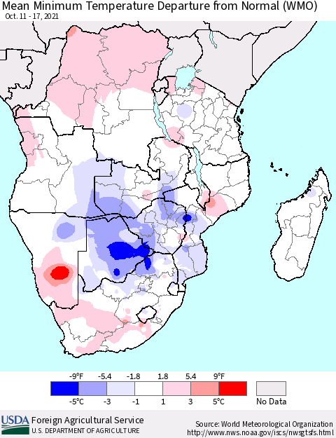 Southern Africa Mean Minimum Temperature Departure from Normal (WMO) Thematic Map For 10/11/2021 - 10/17/2021
