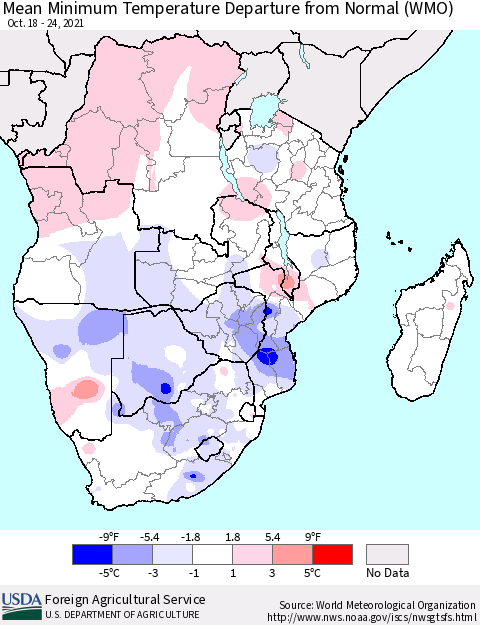 Southern Africa Mean Minimum Temperature Departure from Normal (WMO) Thematic Map For 10/18/2021 - 10/24/2021