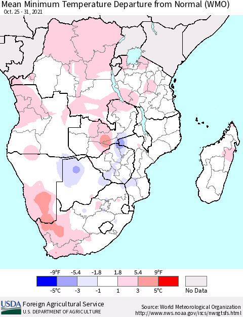 Southern Africa Mean Minimum Temperature Departure from Normal (WMO) Thematic Map For 10/25/2021 - 10/31/2021