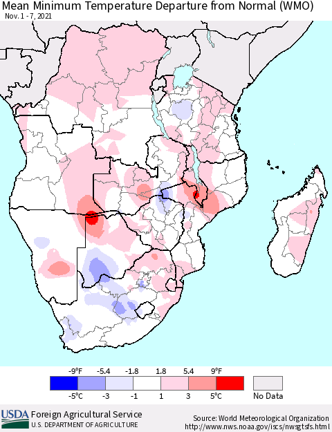 Southern Africa Mean Minimum Temperature Departure from Normal (WMO) Thematic Map For 11/1/2021 - 11/7/2021