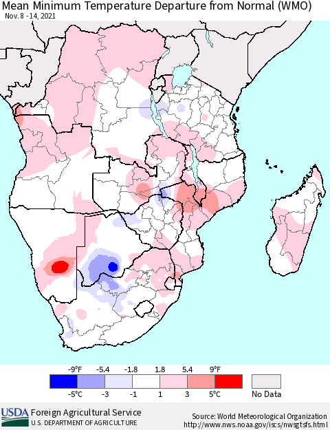 Southern Africa Mean Minimum Temperature Departure from Normal (WMO) Thematic Map For 11/8/2021 - 11/14/2021