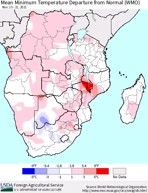 Southern Africa Mean Minimum Temperature Departure from Normal (WMO) Thematic Map For 11/15/2021 - 11/21/2021