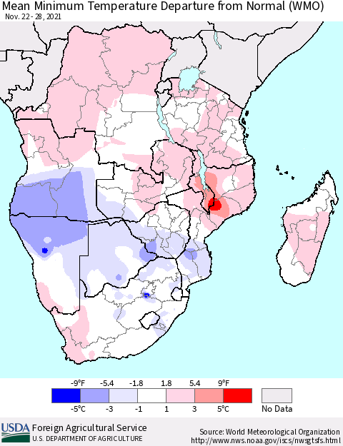 Southern Africa Mean Minimum Temperature Departure from Normal (WMO) Thematic Map For 11/22/2021 - 11/28/2021