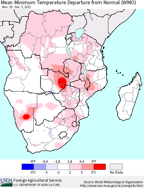 Southern Africa Mean Minimum Temperature Departure from Normal (WMO) Thematic Map For 11/29/2021 - 12/5/2021