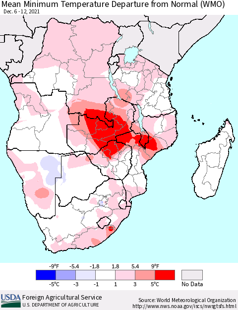 Southern Africa Mean Minimum Temperature Departure from Normal (WMO) Thematic Map For 12/6/2021 - 12/12/2021
