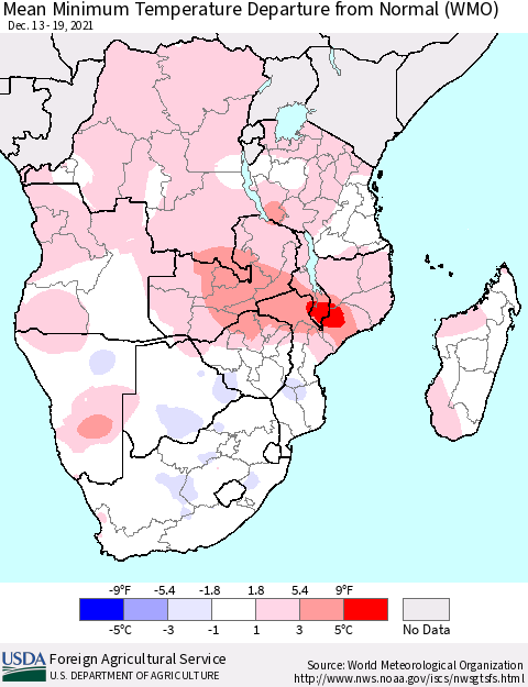Southern Africa Mean Minimum Temperature Departure from Normal (WMO) Thematic Map For 12/13/2021 - 12/19/2021