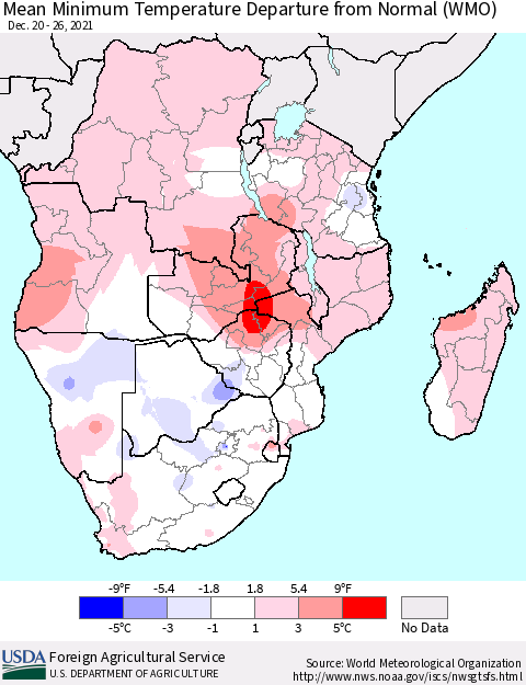 Southern Africa Mean Minimum Temperature Departure from Normal (WMO) Thematic Map For 12/20/2021 - 12/26/2021