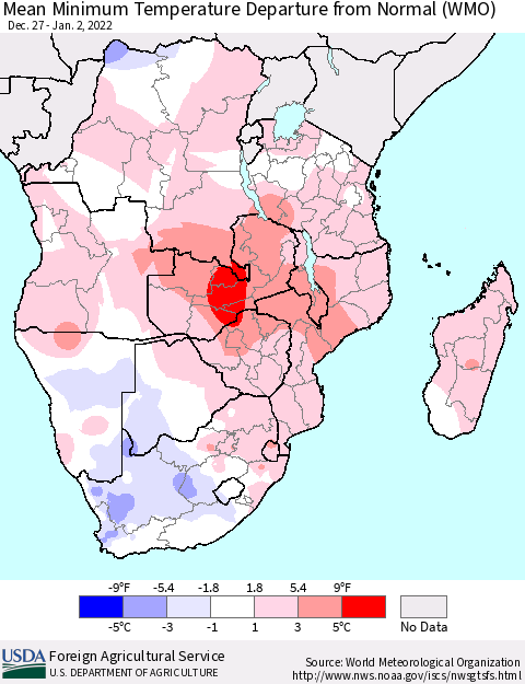 Southern Africa Mean Minimum Temperature Departure from Normal (WMO) Thematic Map For 12/27/2021 - 1/2/2022