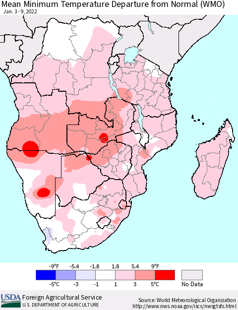 Southern Africa Mean Minimum Temperature Departure from Normal (WMO) Thematic Map For 1/3/2022 - 1/9/2022