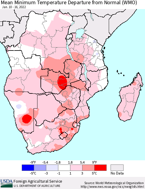 Southern Africa Mean Minimum Temperature Departure from Normal (WMO) Thematic Map For 1/10/2022 - 1/16/2022