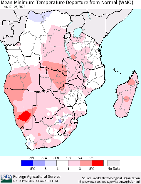 Southern Africa Mean Minimum Temperature Departure from Normal (WMO) Thematic Map For 1/17/2022 - 1/23/2022