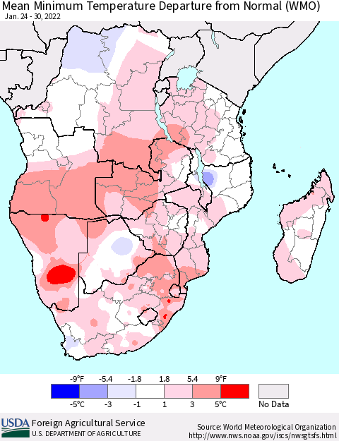 Southern Africa Mean Minimum Temperature Departure from Normal (WMO) Thematic Map For 1/24/2022 - 1/30/2022