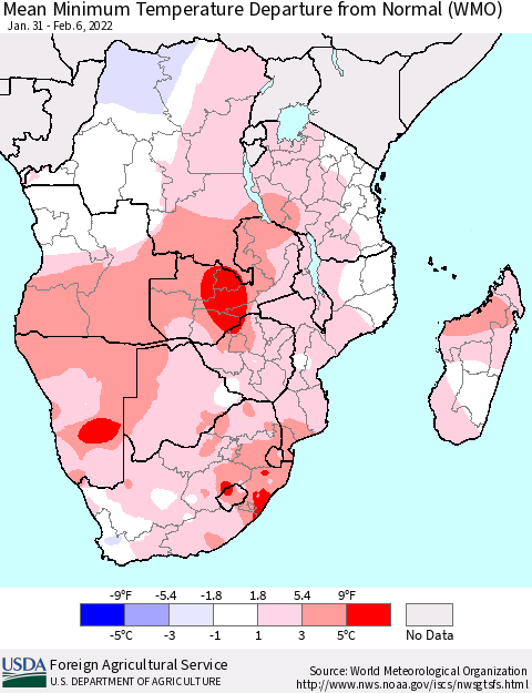 Southern Africa Mean Minimum Temperature Departure from Normal (WMO) Thematic Map For 1/31/2022 - 2/6/2022