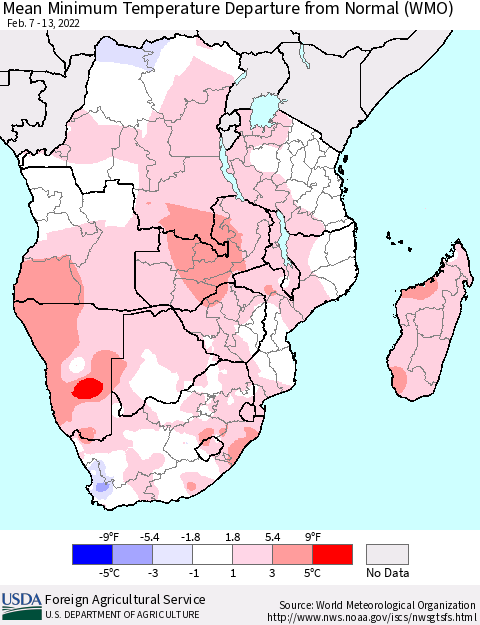 Southern Africa Mean Minimum Temperature Departure from Normal (WMO) Thematic Map For 2/7/2022 - 2/13/2022
