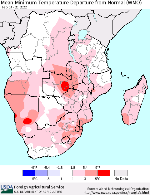 Southern Africa Mean Minimum Temperature Departure from Normal (WMO) Thematic Map For 2/14/2022 - 2/20/2022
