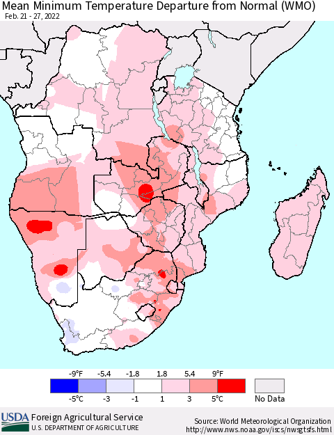 Southern Africa Mean Minimum Temperature Departure from Normal (WMO) Thematic Map For 2/21/2022 - 2/27/2022