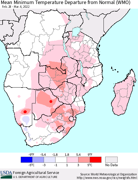 Southern Africa Mean Minimum Temperature Departure from Normal (WMO) Thematic Map For 2/28/2022 - 3/6/2022