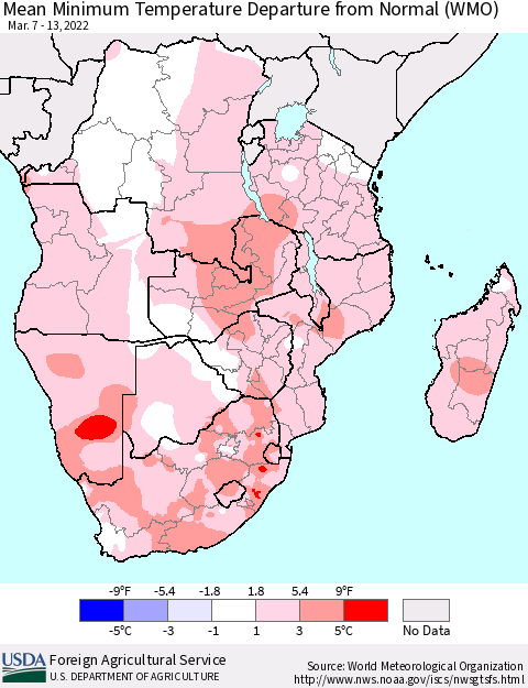 Southern Africa Mean Minimum Temperature Departure from Normal (WMO) Thematic Map For 3/7/2022 - 3/13/2022