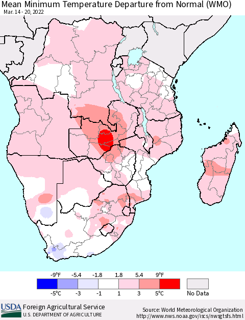 Southern Africa Mean Minimum Temperature Departure from Normal (WMO) Thematic Map For 3/14/2022 - 3/20/2022