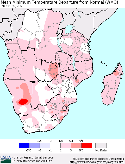 Southern Africa Mean Minimum Temperature Departure from Normal (WMO) Thematic Map For 3/21/2022 - 3/27/2022