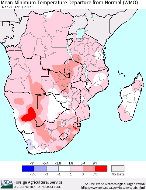 Southern Africa Mean Minimum Temperature Departure from Normal (WMO) Thematic Map For 3/28/2022 - 4/3/2022